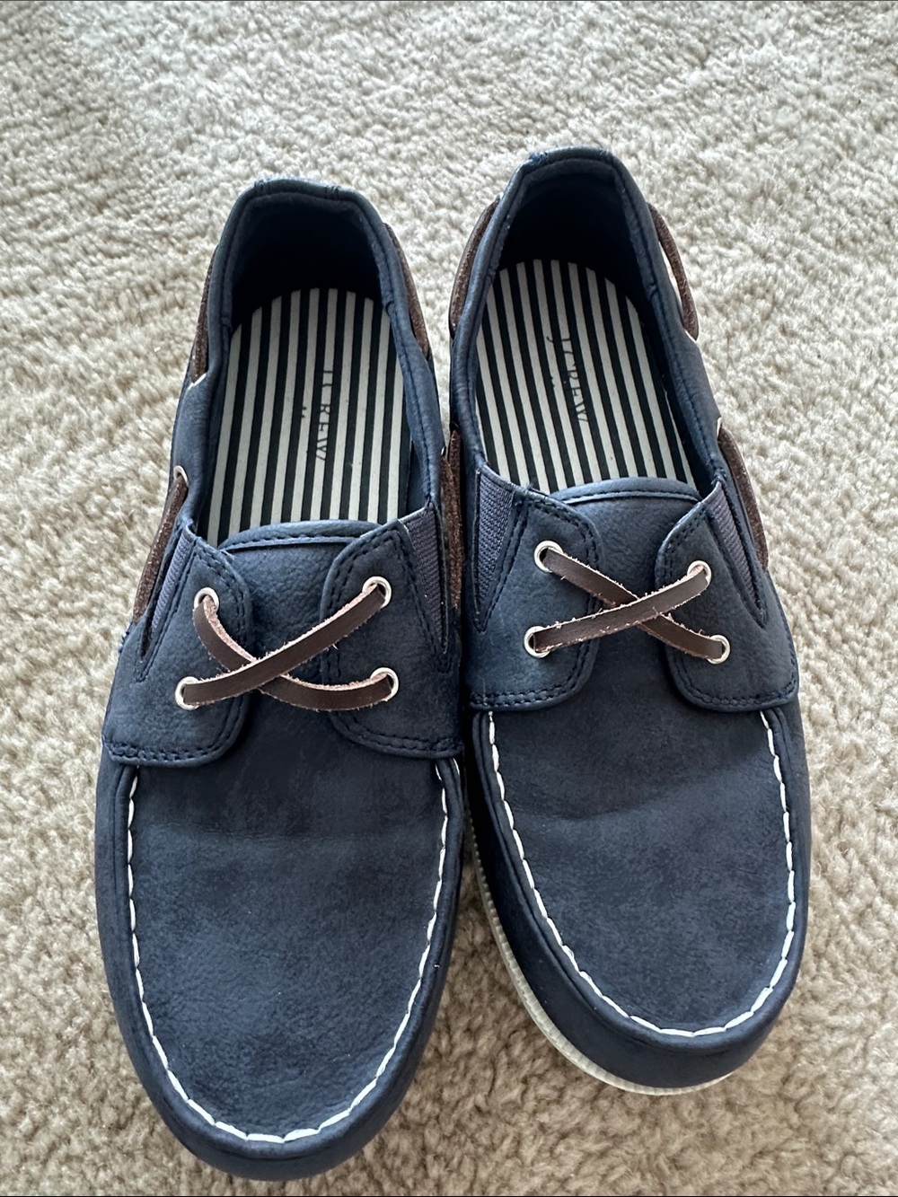 J. Crew Navy Suede Kids Boat Shoes with Brown Lace Accents
